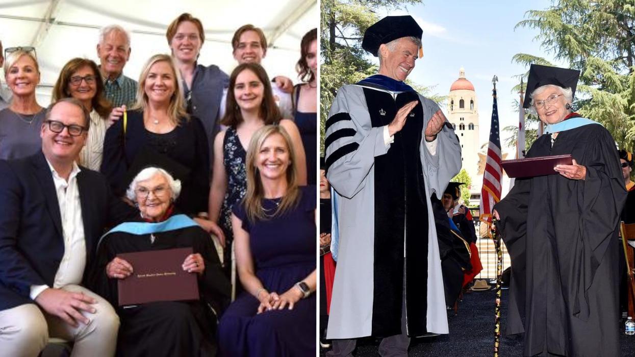 105-year-old wearing graduation robes and cap receives Master's degree at Stanford University.