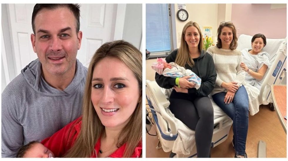 a man and his woman and three women sitting on a hospital bed