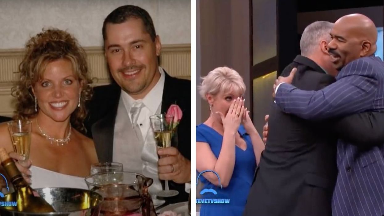 A married couple and two men hugging while a woman cries.