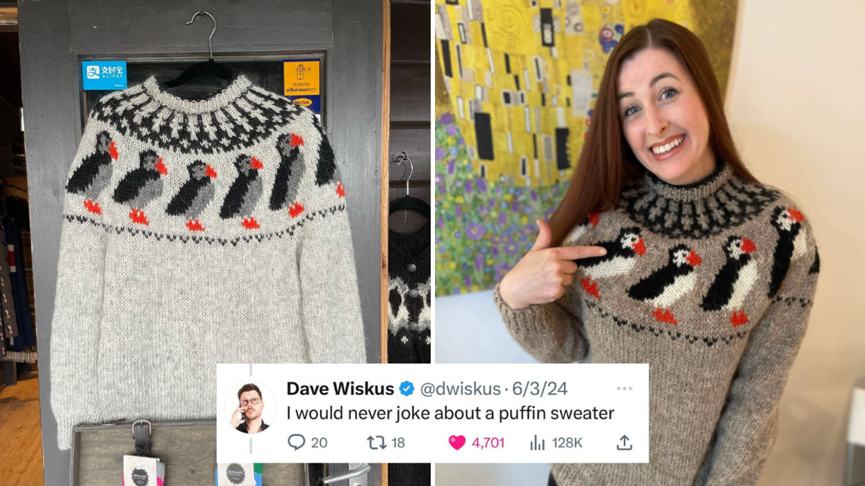 A puffin sweater, a woman wearing a puffin sweater and a man's reply on X (inset)