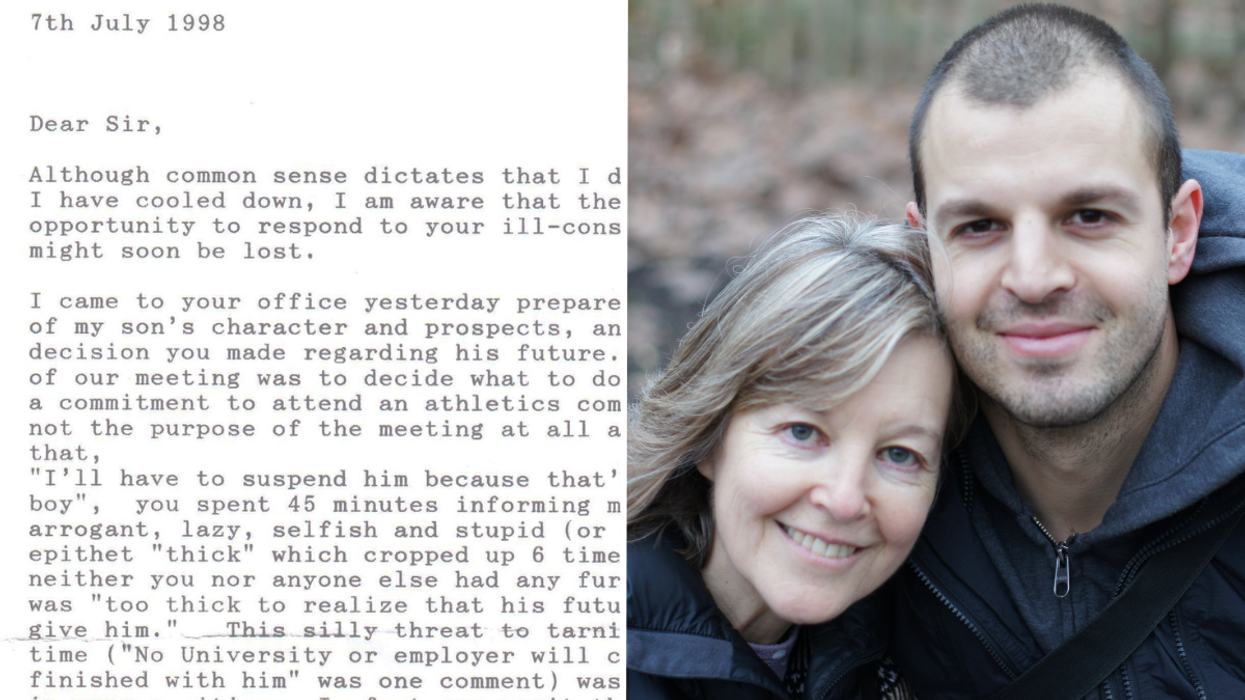 A typed letter and a man with his mother.