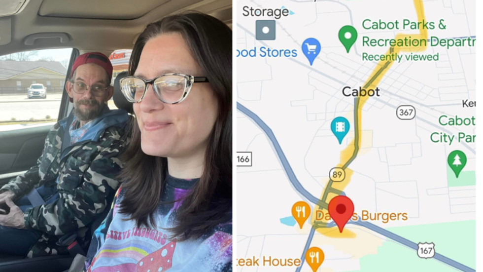 a woman giving a man a ride, Mr. Bill's Village