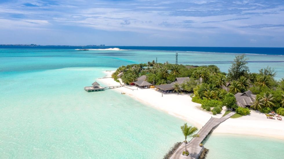an island with trees and houses