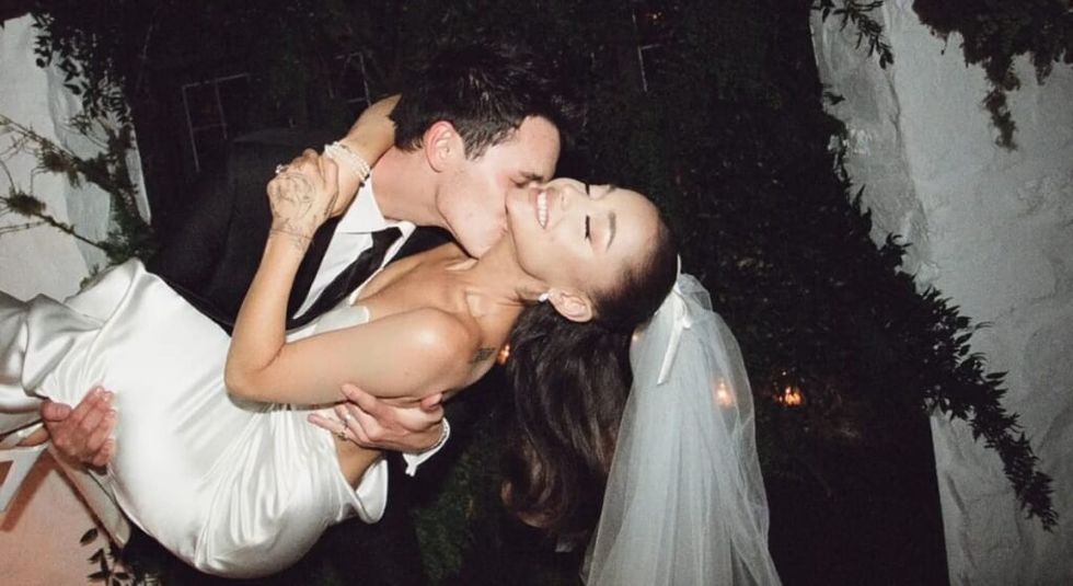 Ariana Grande in white wedding gown being picked up by husband Dalton Gomez.