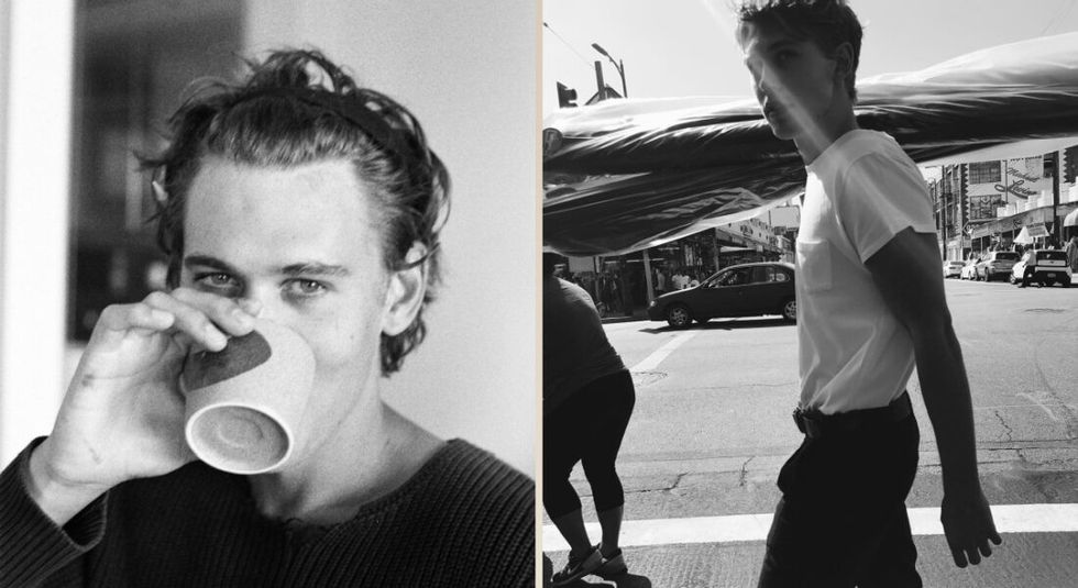 Austin Butler in black and white photos walking and drinking coffee.