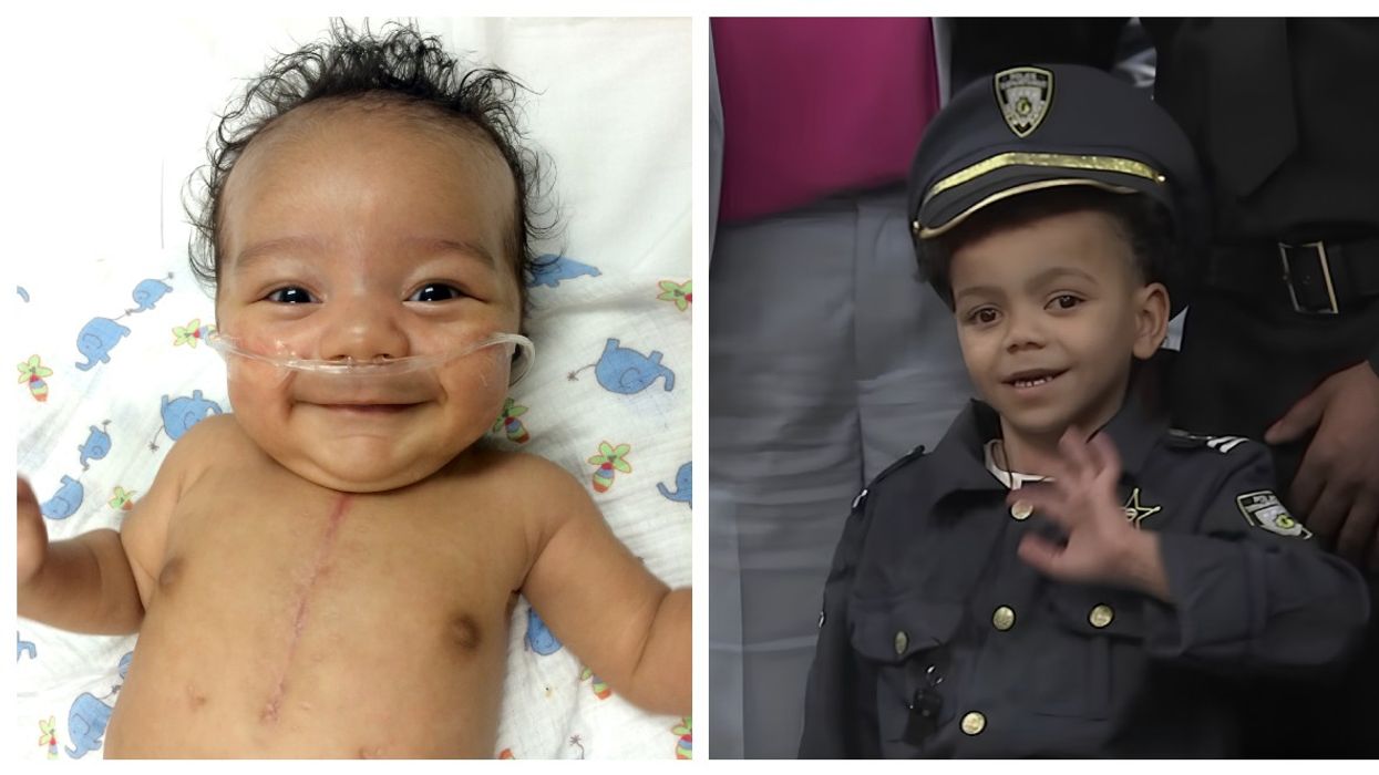 Baby lying on a bed and a little boy wearing a police uniform