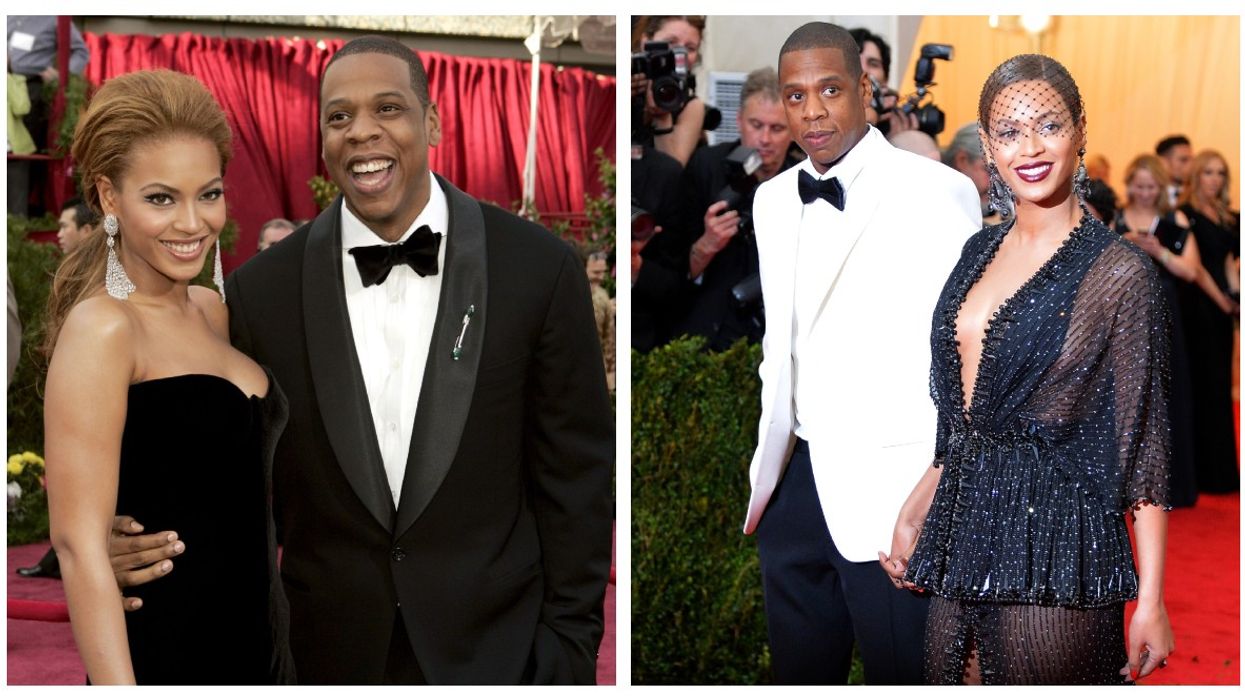 Beyonce and Jay-Z dressed up on the red carpet