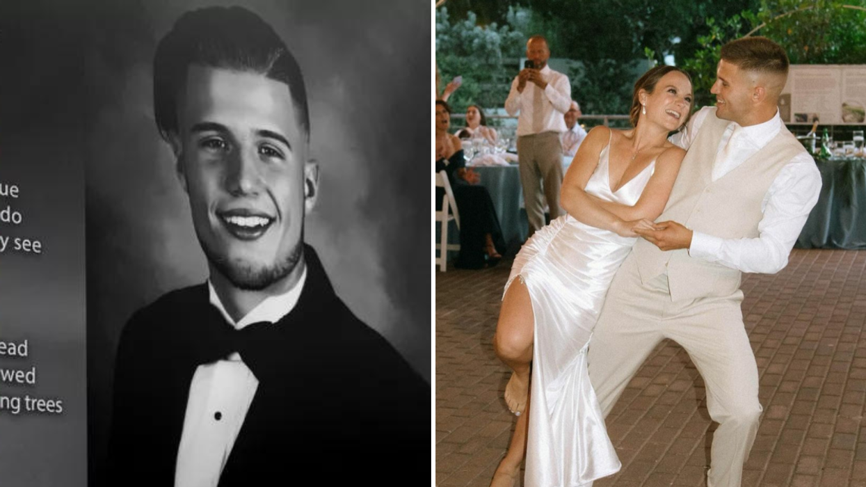 Black and white yearbook photo and a newly married couple dancing