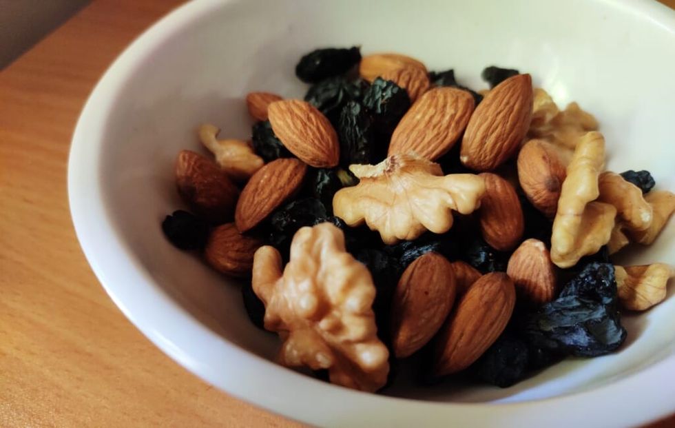bowl of nuts and raisins