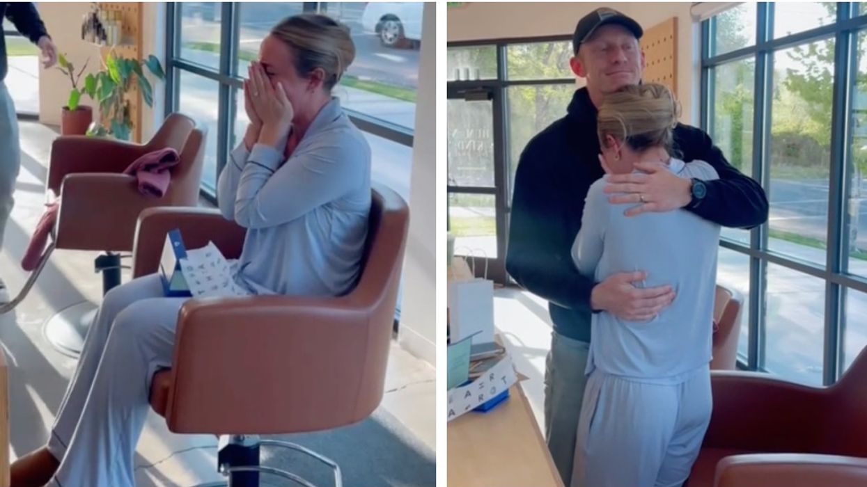 Bride in blue pajamas cries in hair salon and a bride hugging a man.
