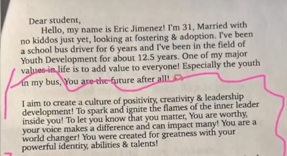 Bus driver's typed note to students.