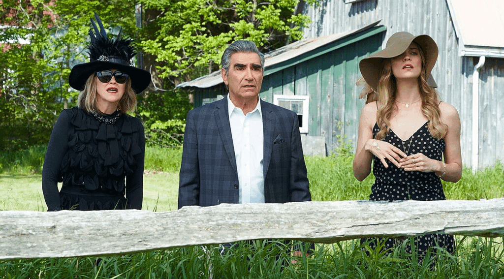 Catherine O'Hara as Moira Rose, Eugene Levy as Johnny Rose and Annie Murphy as Alexis Rose on Schitt's Creek