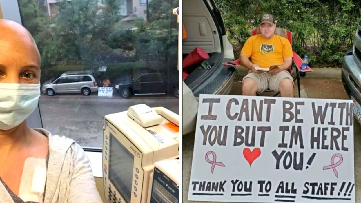 Husband Supports Wife During Chemotherapy From Outside Hospital