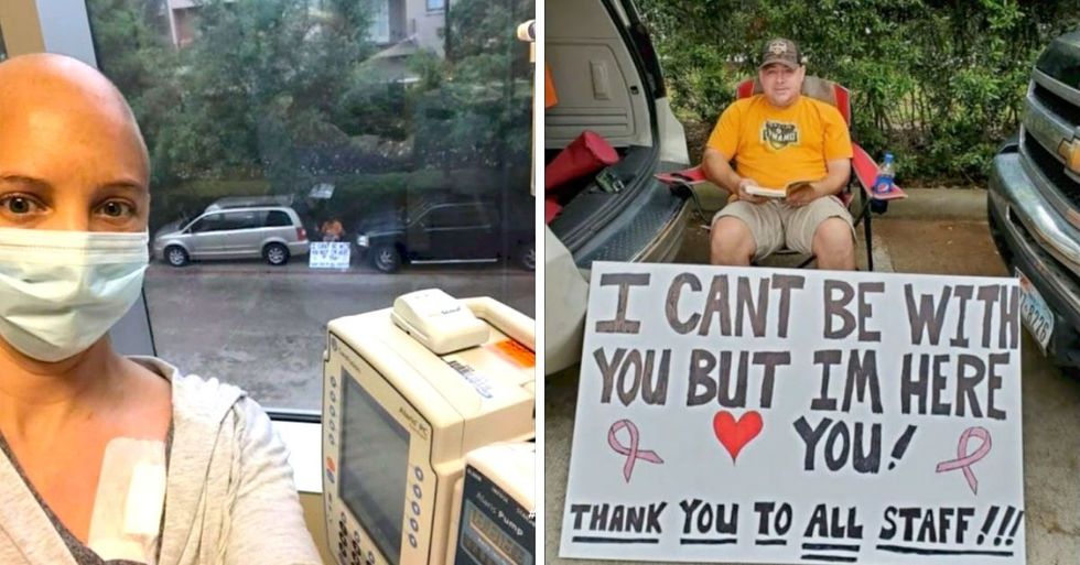 Husband Supports Wife During Chemotherapy From Outside Hospital