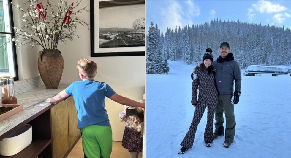 Chris Pratt and wife posing beside a picture of son Jack.