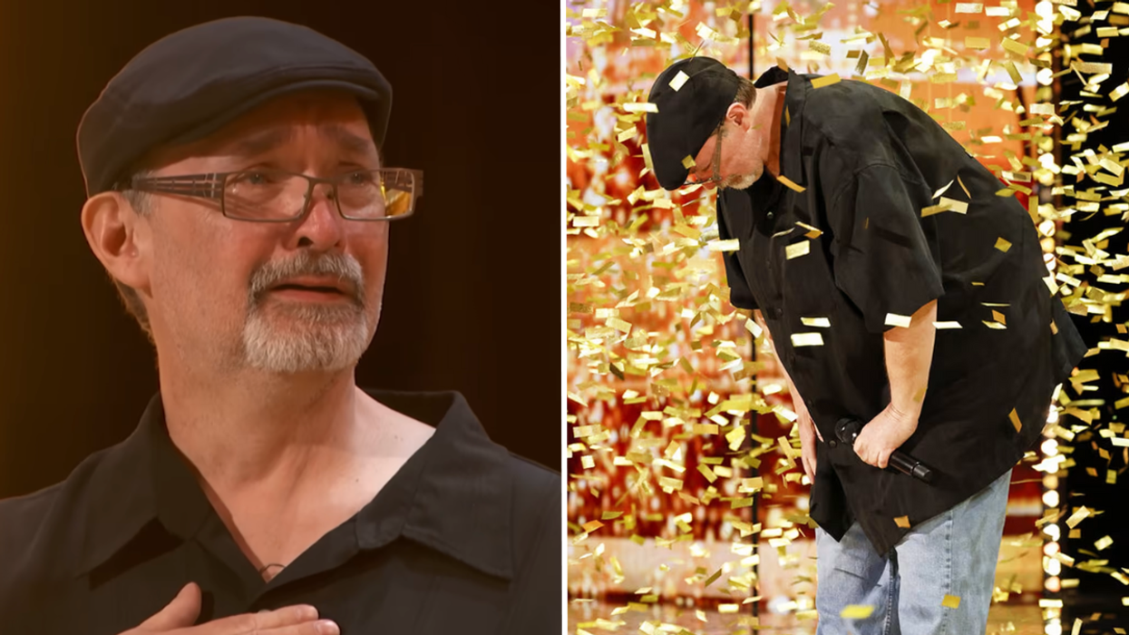 Close up of man crying and a man taking a bow on stage with gold confetti falling.