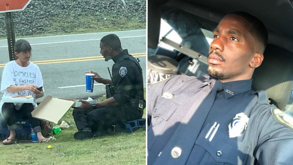 Police Officer Passes by Struggling Homeless Woman on the Street - The Message on Her Shirt Makes Him Pull Over
