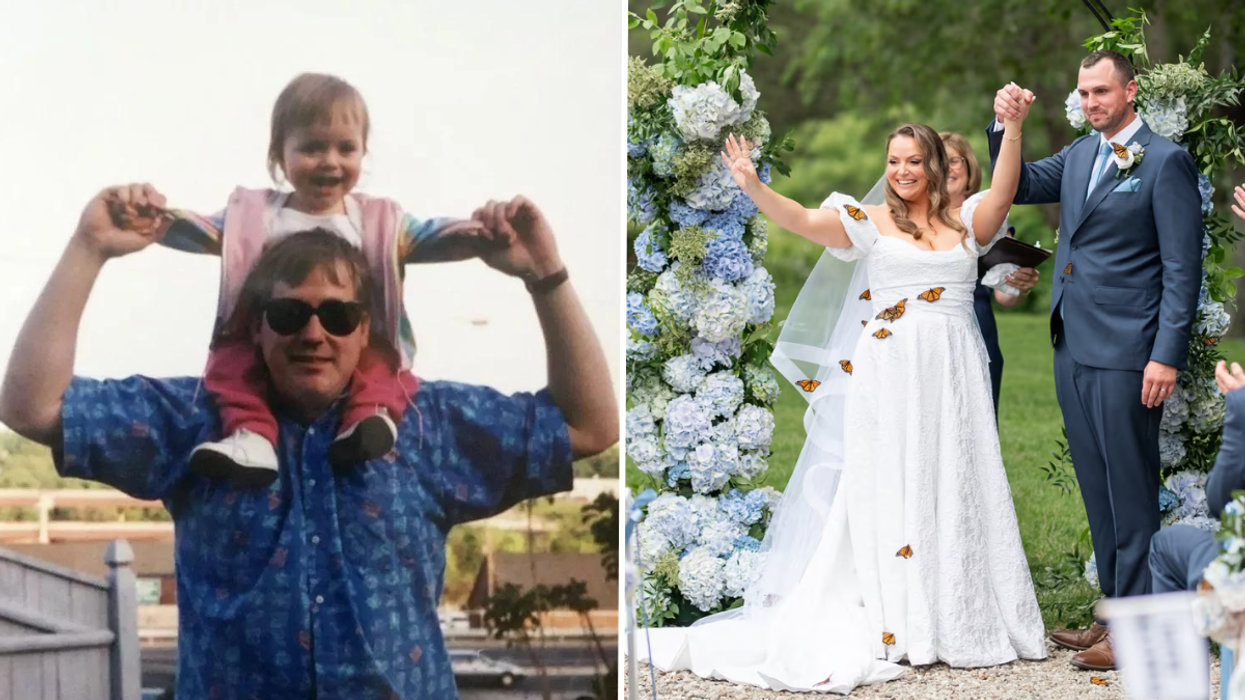 Dad carrying little girl on his shoulders and a bride and groom at the altar.