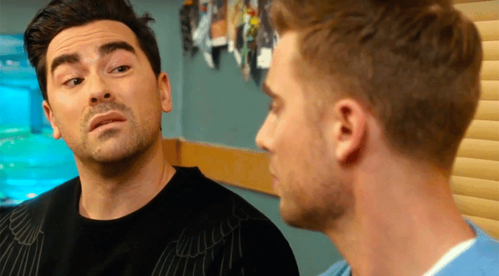 Daniel Levy as David Rose and Dustin Milligen as Ted Mullens on Schitt's Creek