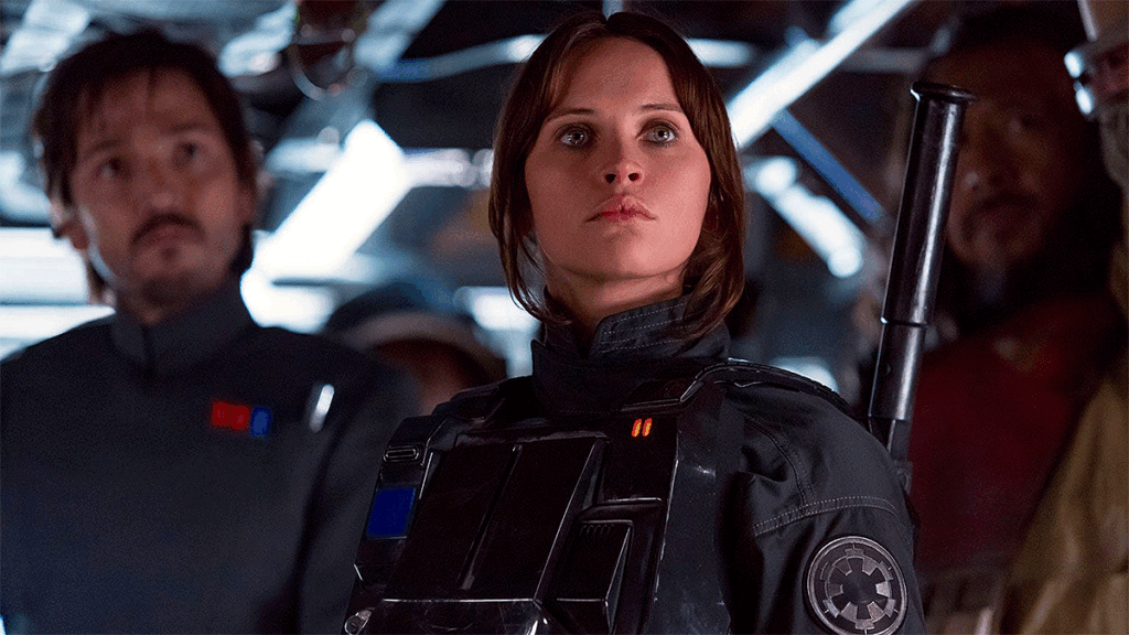 Diego Luna as Cassian Andor and Felicity Jones as Jyn Ero in Rogue One: A Star Wars Story (Lucasfilm)