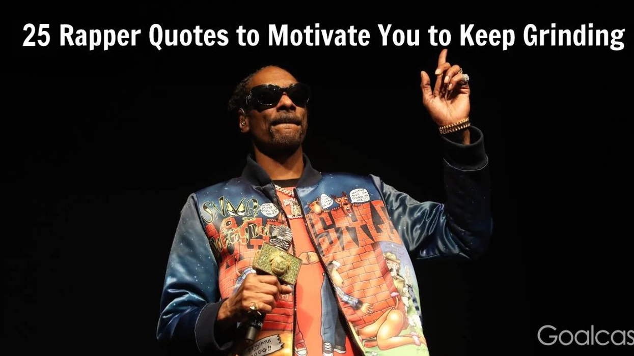 Dr Dre points up at text that says 25 rapper quotes to motivate you