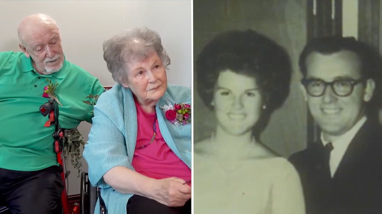 Elderly couple and a black and white picture of a young couple at their wedding.