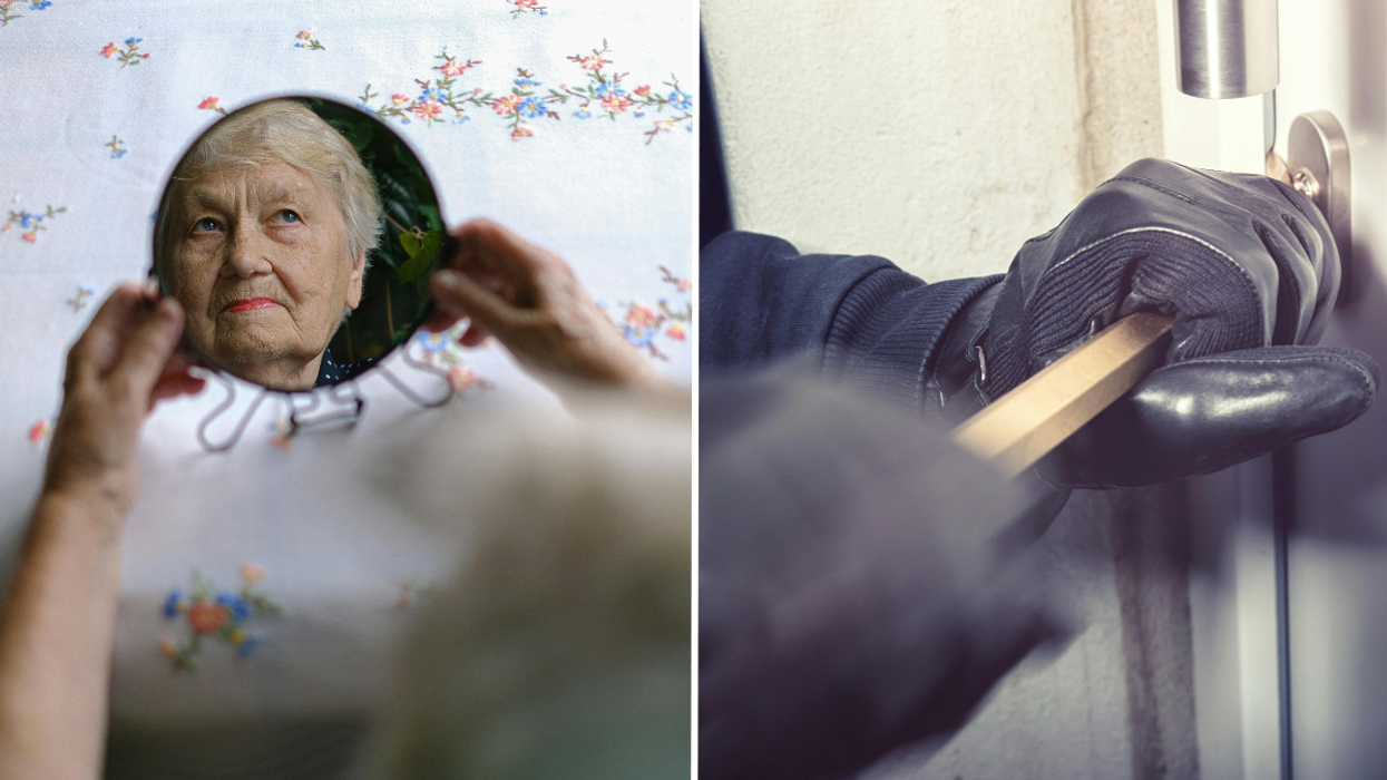 elderly woman's reflection in a mirror and a person breaking into a home