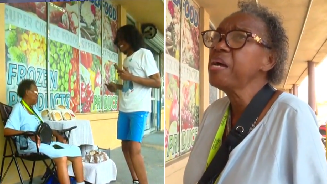 Elderly woman selling baking goods outside and an elderly woman with glasses.