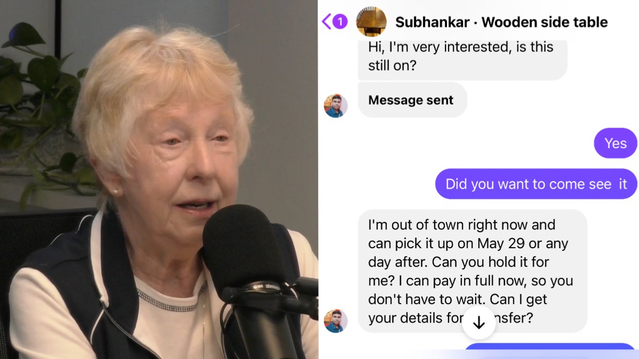 Elderly woman speaking into a microphone and a screenshot of a Facebook conversation.