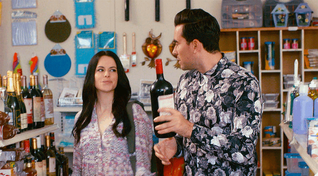 Emily Hampshire as Stevie Budd and Daniel Levy as David Rose on Schitt's Creek