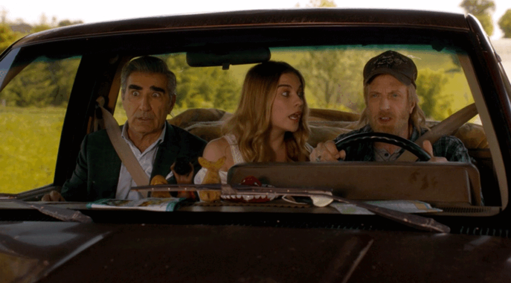 Eugene Levy as Johnny Rose, Annie Murphy as Alexis Rose and Chris Elliott as Roland Schitt on Schitt's Creek