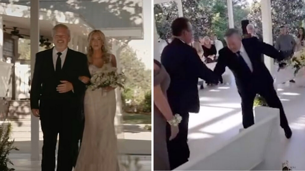 Guests Taken By Surprise When Dad Walking Daughter Down The Aisle Suddenly Stops And Does This