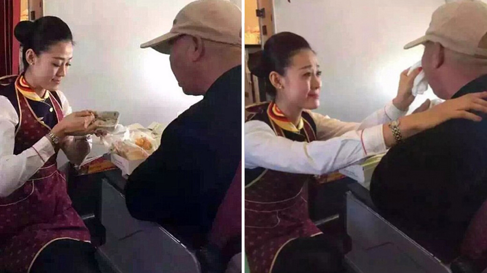 Flight Attendant Notices Helpless Elderly Man Struggling To Eat - What She Did Next Brings Him To Tears