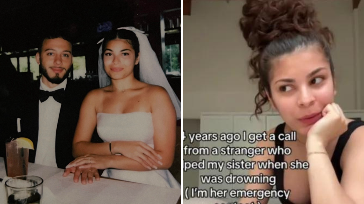 Groom and bride at their wedding and a woman with her hair in a messy bun.