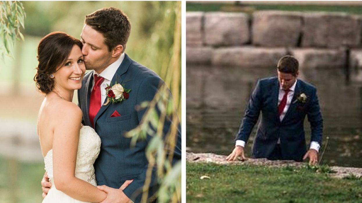 Groom kissing bride's forehead and groom coming out of a river.