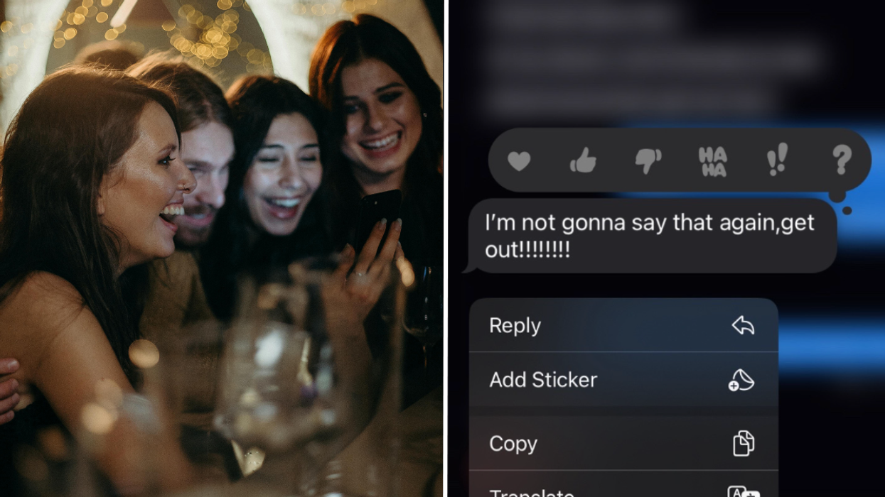Group of girls laughing and a text message from a young woman's mother.