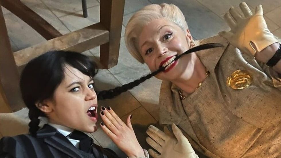 Gwendoline Christie and Jenna Ortega BTS Wednesday