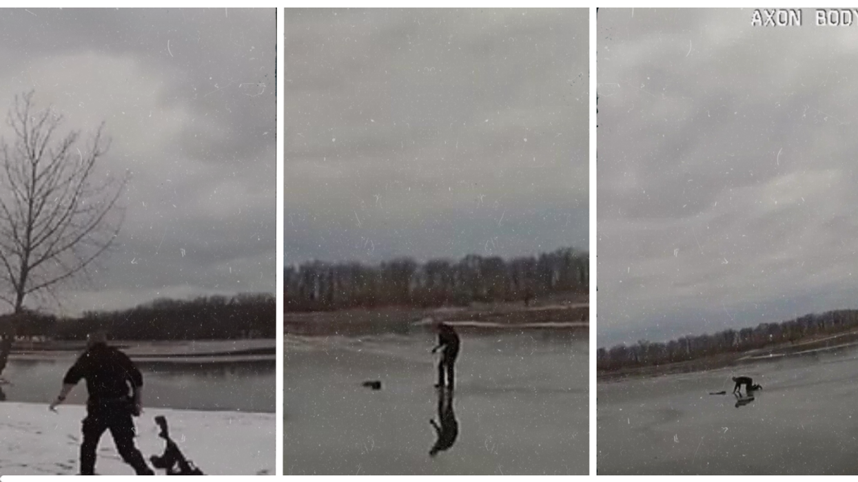 Police Officer Receives Frantic 911 Call - Immediately Runs Across Thin Ice To Save Drowning Puppy