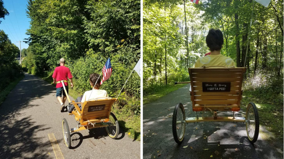 husband pulls wife in rickshaw