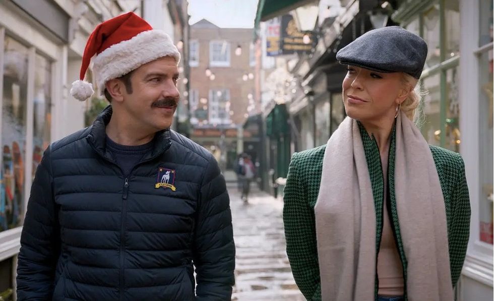 Jason Sudeikis as Ted, and Hannah Waddingham as Rebecca Welton, in Ted Lasso