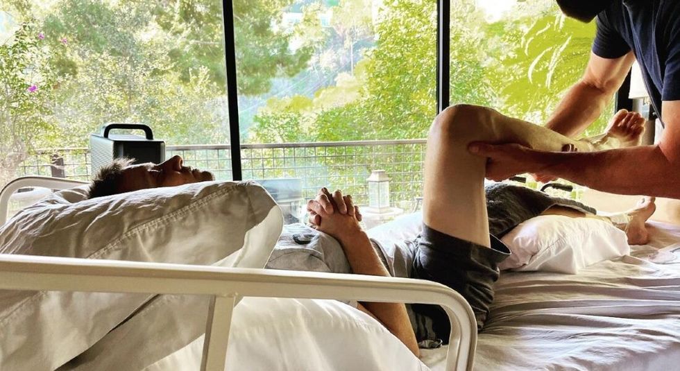 Jeremy Renner doing physio from hospital bed after snowplow accident.