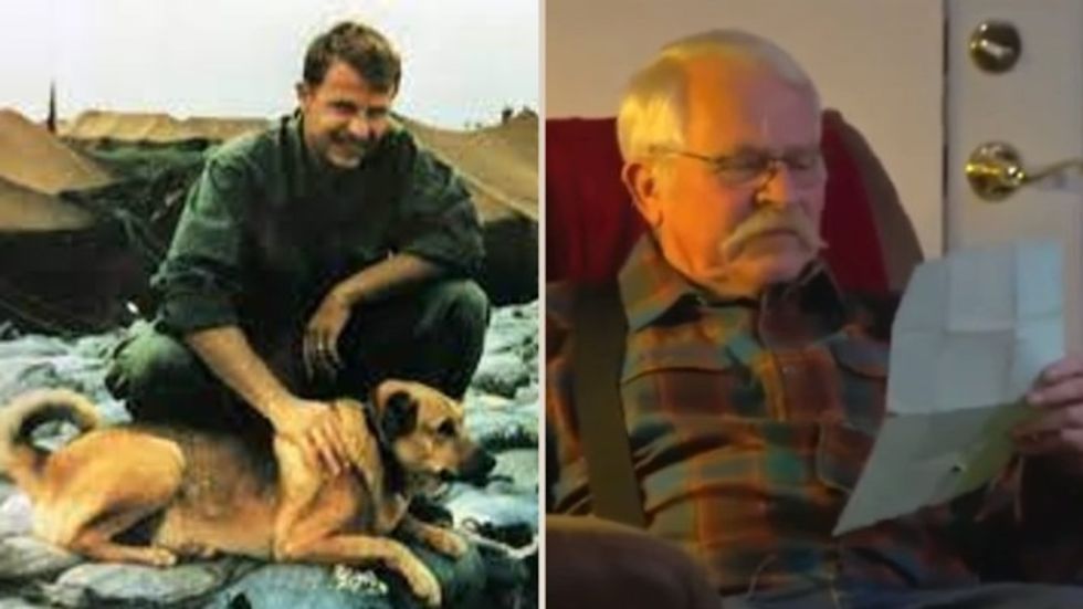 John Metzler as a young Vietnam soldier and older reading a letter.