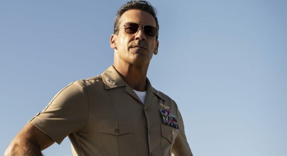 Jon Hamm in military gear during Top Gun Maverick.