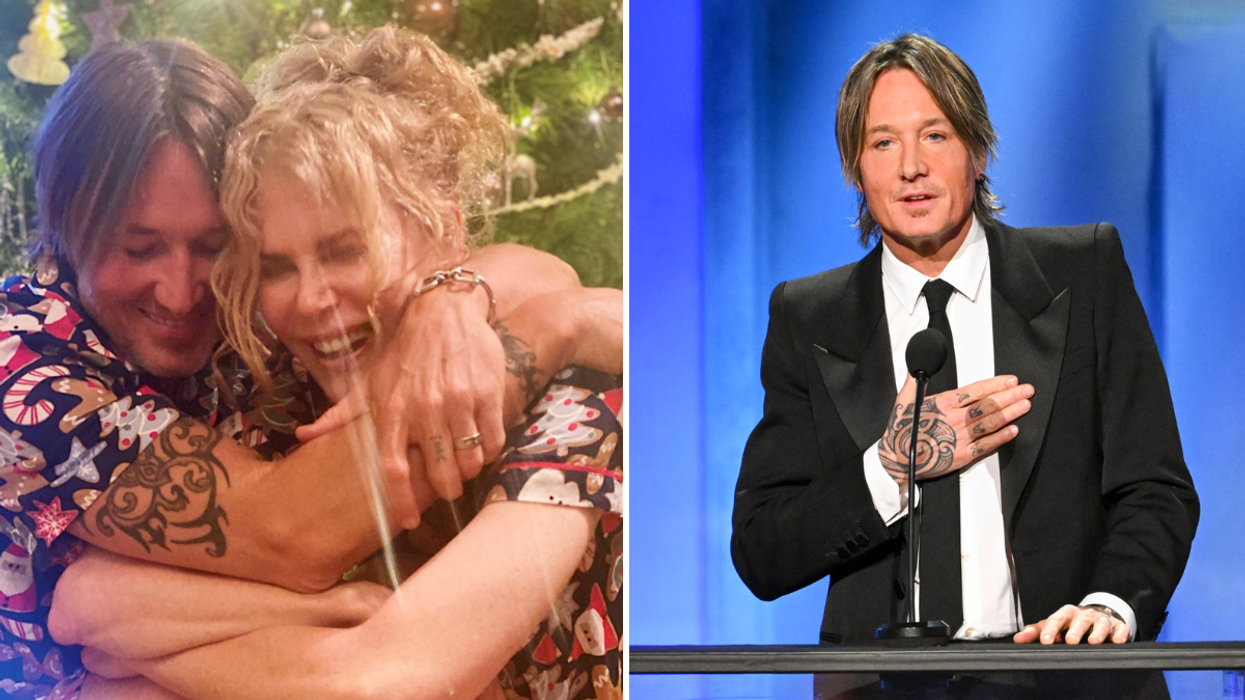 Keith Urban and Nicole Kidman hugging and Keith Urban giving a speech.