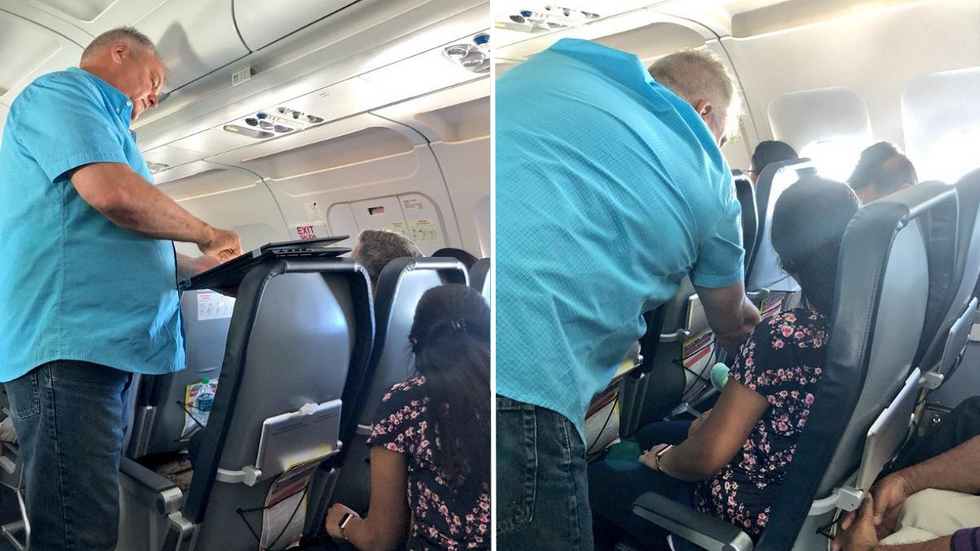 Man Is Unable to Calm His Fussy Niece on Flight - Then, a Passenger Approaches Them and Reaches for the Overhead Bin