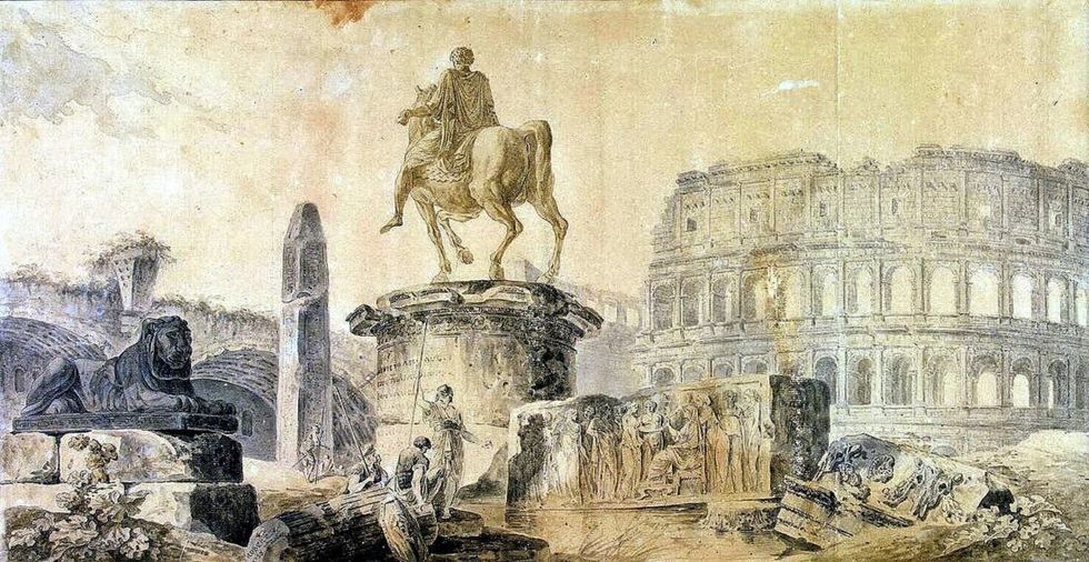 Landscape with the colosseum and the monument to marcus aurelius hubert robert oil painting 1100x568