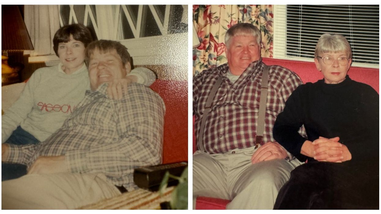 Left image: a couple sit side by side, on a couch. Right Image: They sit in the same position 68 years later.