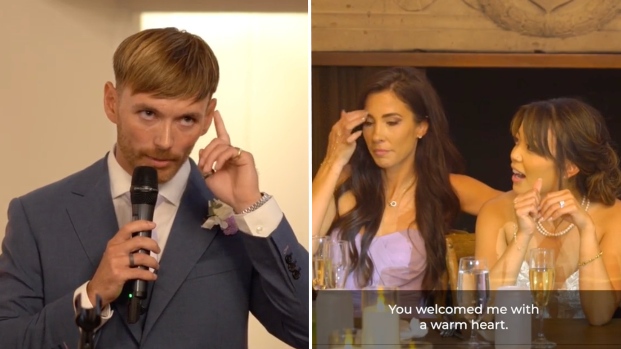 Left Image: Groom holds mic during wedding speech | Right Image: Bride and maid of honor have jaws dropped open during speech