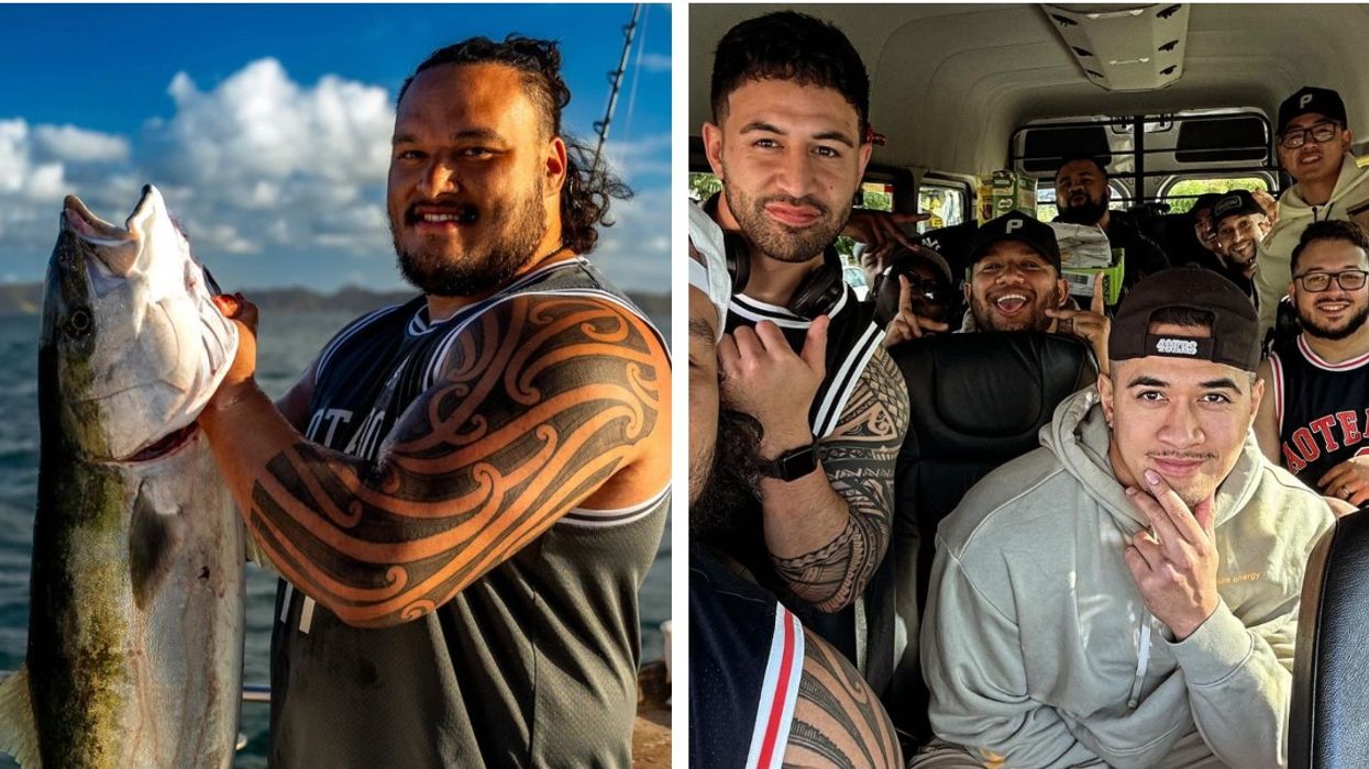 Left Image: Man poses with Fish | Right Image: Male Friends Pose On Bus