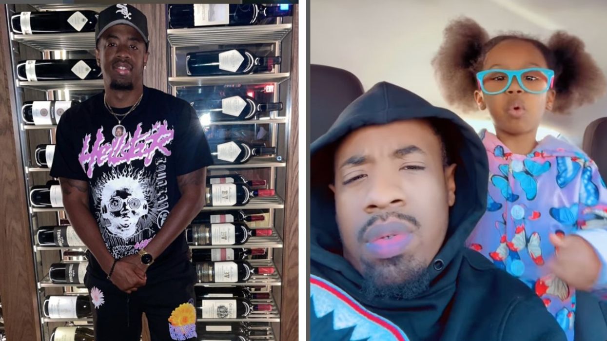 Left Image: Man stands in front of wine cooler / Right Image: Dad poses with young daughter with glasses